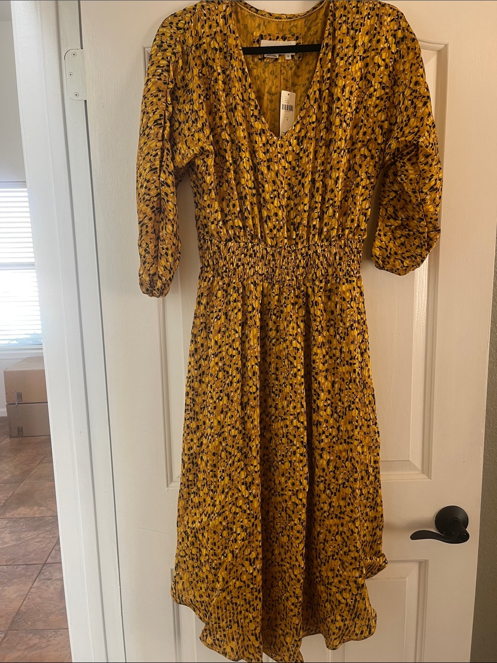Anthropologie Mustard Floral Smocked-Waist Midi Dress